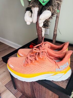 Hoka Coral Orange and Yellow Running Shoes